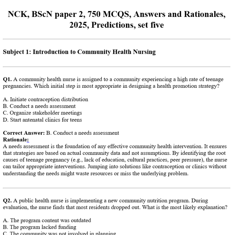 NCK, BScN paper 2, 750 MCQS, Answers and Rationales, 2025, Predictions, set five