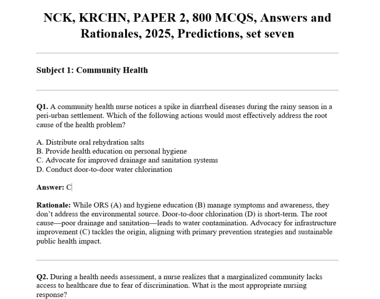 NCK, KRCHN, PAPER 2, 800 MCQS, Answers and Rationales, 2025, Predictions, set seven