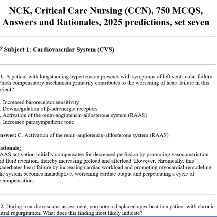 NCK, Critical Care Nursing (CCN), 750 MCQS, Answers and Rationales, 2025 predictions, set seven