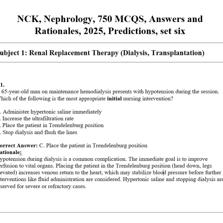 NCK, Nephrology, 750 MCQS, Answers and Rationales, 2025, Predictions, set six
