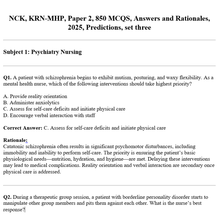NCK, KRN-MHP, Paper 2, 850 MCQS, Answers and Rationales, 2025, Predictions, set three