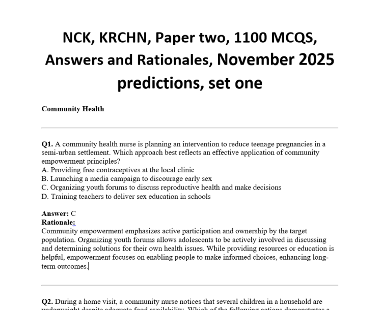NCK, KRCHN, Paper two, 1100 MCQS, Answers and Rationales, November 2025 predictions, set one