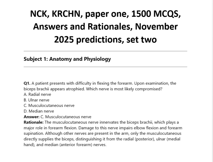 NCK, KRCHN, paper one, 1500 MCQS, Answers and Rationales, November 2025 predictions, set two