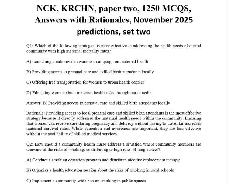NCK, KRCHN, paper two, 1250 MCQS, Answers with Rationales, November 2025 predictions, set two