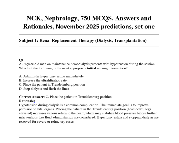 NCK, Nephrology, 750 MCQS, Answers and Rationales, November 2025 predictions, set one