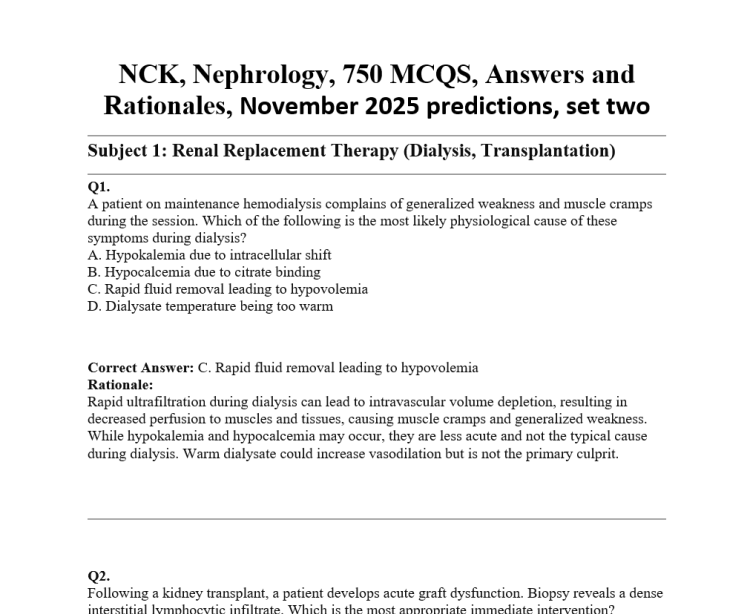 NCK, Nephrology, 750 MCQS, Answers and Rationales, November 2025 predictions, set two