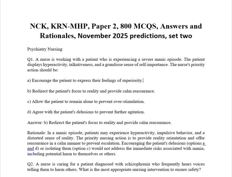 NCK, KRN-MHP, Paper 2, 800 MCQS, Answers and Rationales, November 2025 predictions, set two