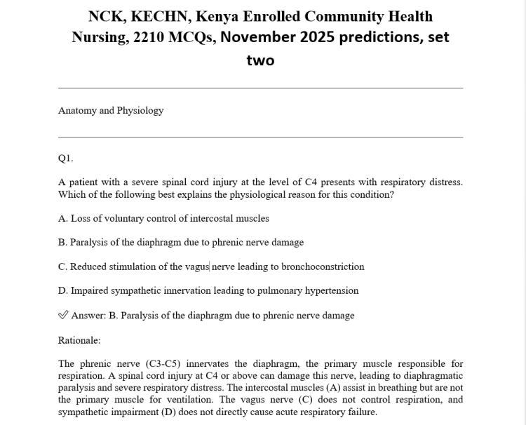 NCK, KECHN, Kenya Enrolled Community Health Nursing, 2210 MCQs, November 2025 predictions, set two