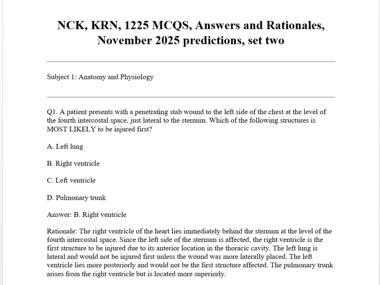 NCK, KRN, 1225 MCQS, Answers and Rationales, November 2025 predictions, set two