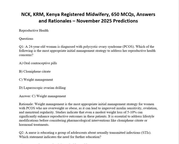 NCK, KRM, Kenya Registered Midwifery, 650 MCQs, Answers and Rationales – November 2025 Predictions