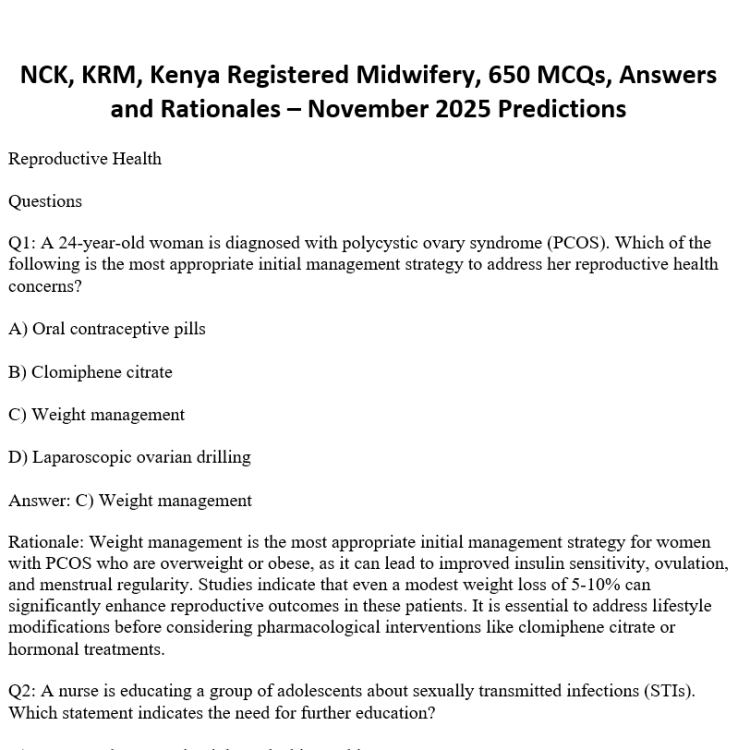 NCK, KRM, Kenya Registered Midwifery, 650 MCQs, Answers and Rationales – November 2025 Predictions