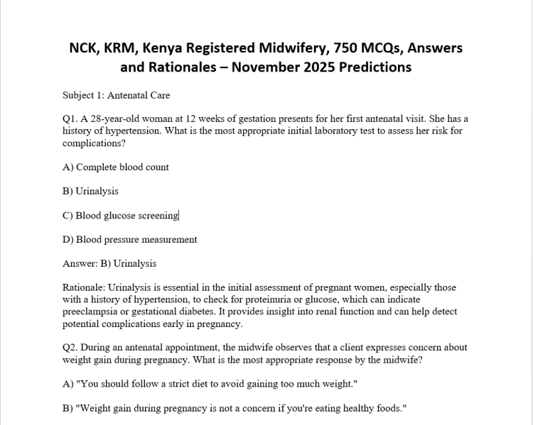 NCK, KRM, Kenya Registered Midwifery, 750 MCQs, Answers and Rationales – November 2025 Predictions