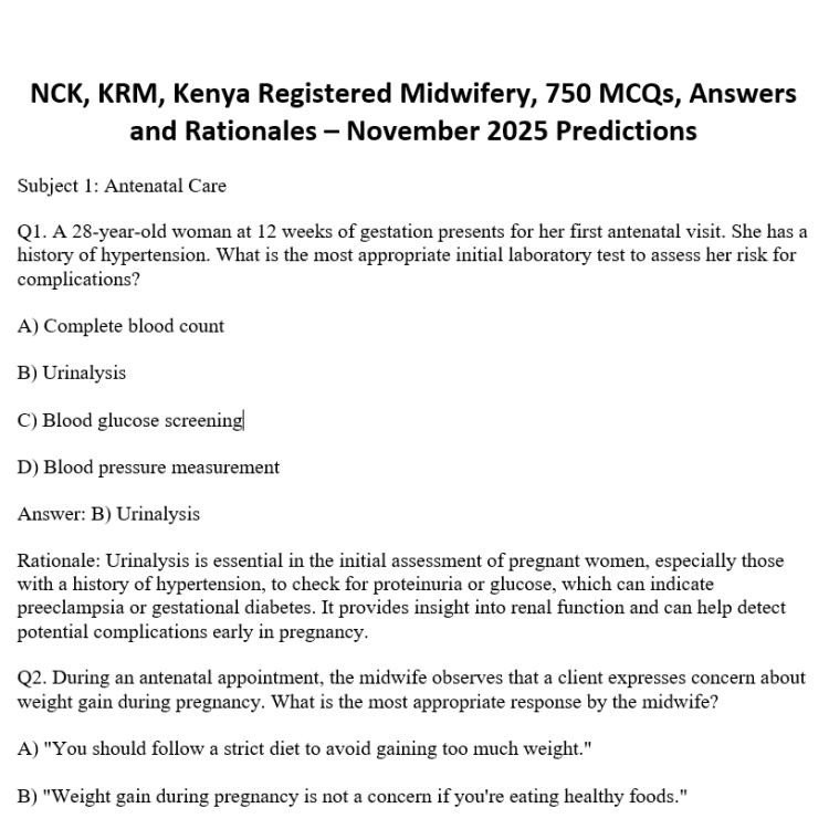 NCK, KRM, Kenya Registered Midwifery, 750 MCQs, Answers and Rationales – November 2025 Predictions