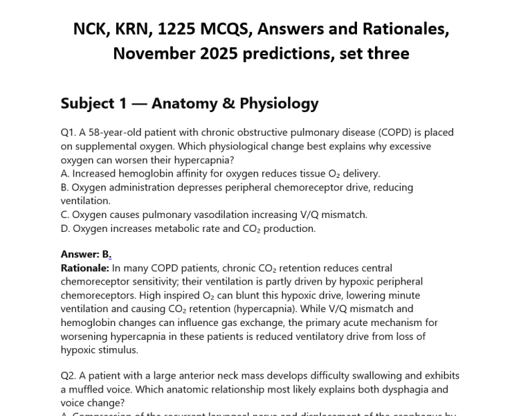 NCK, KRN, 1225 MCQS, Answers and Rationales, November 2025 predictions, set three