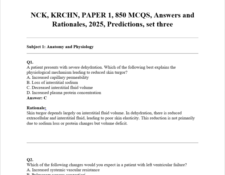 NCK, KRCHN, PAPER 1, 850 MCQS, Answers and Rationales, 2025, Predictions, set three