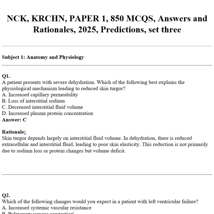 NCK, KRCHN, PAPER 1, 850 MCQS, Answers and Rationales, 2025, Predictions, set three
