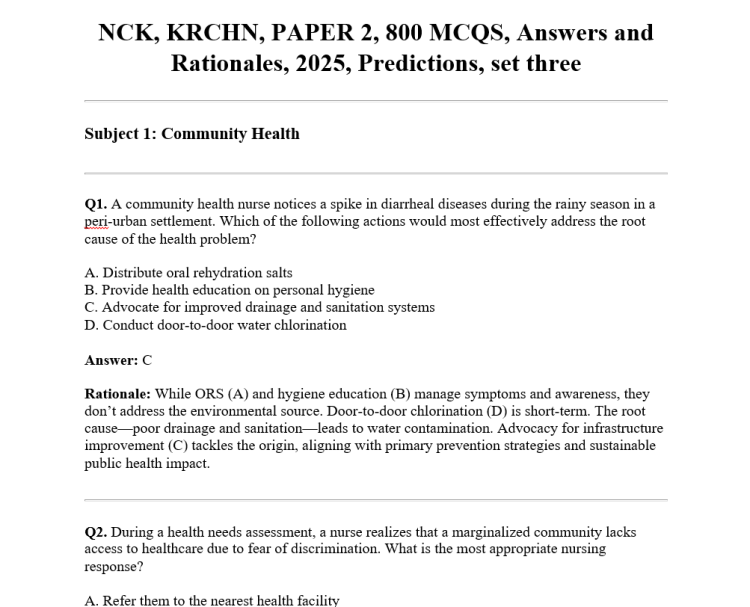 NCK, KRCHN, PAPER 2, 800 MCQS, Answers and Rationales, 2025, Predictions, set three