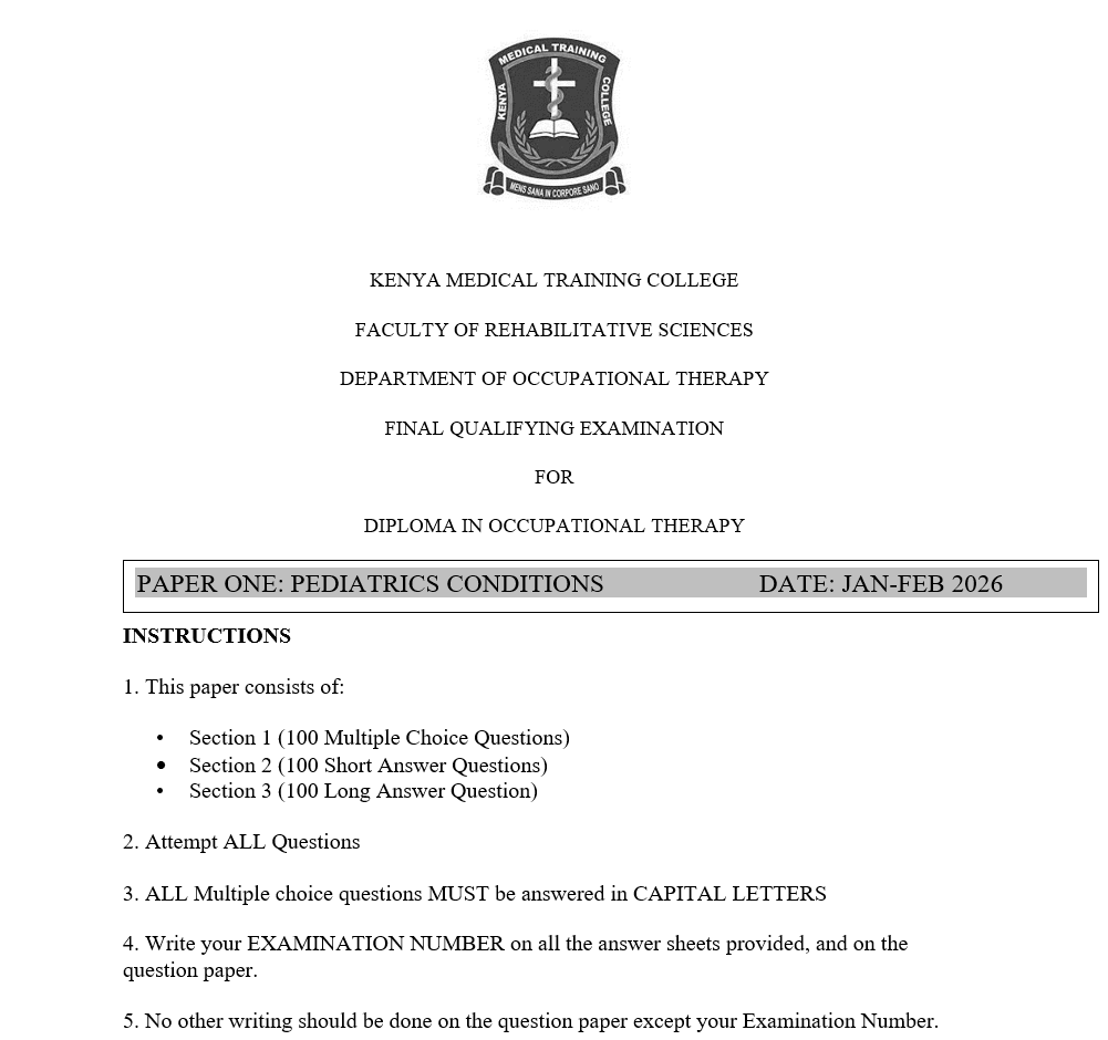 Occupational Therapy for Pediatrics conditions, FQE, Diploma, Occupational Therapy, 100 MCQS, 100 SAQS, 100 LAQS, Jan-Feb 2026 predictions