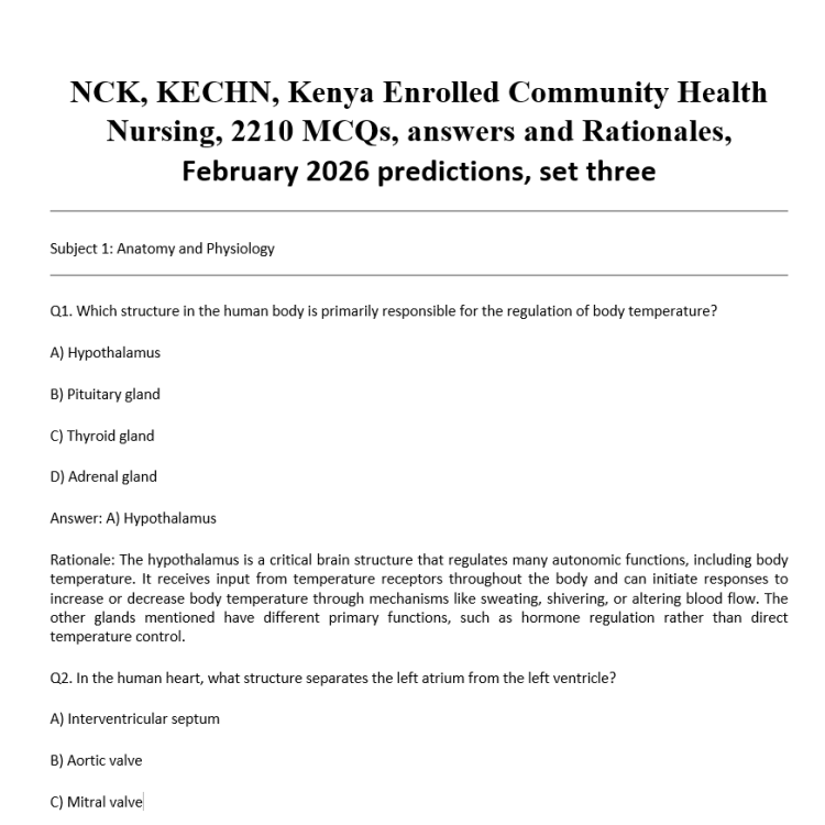 NCK, KECHN, Kenya Enrolled Community Health Nursing, 2210 MCQs, answers and Rationales, February 2026 predictions, set three