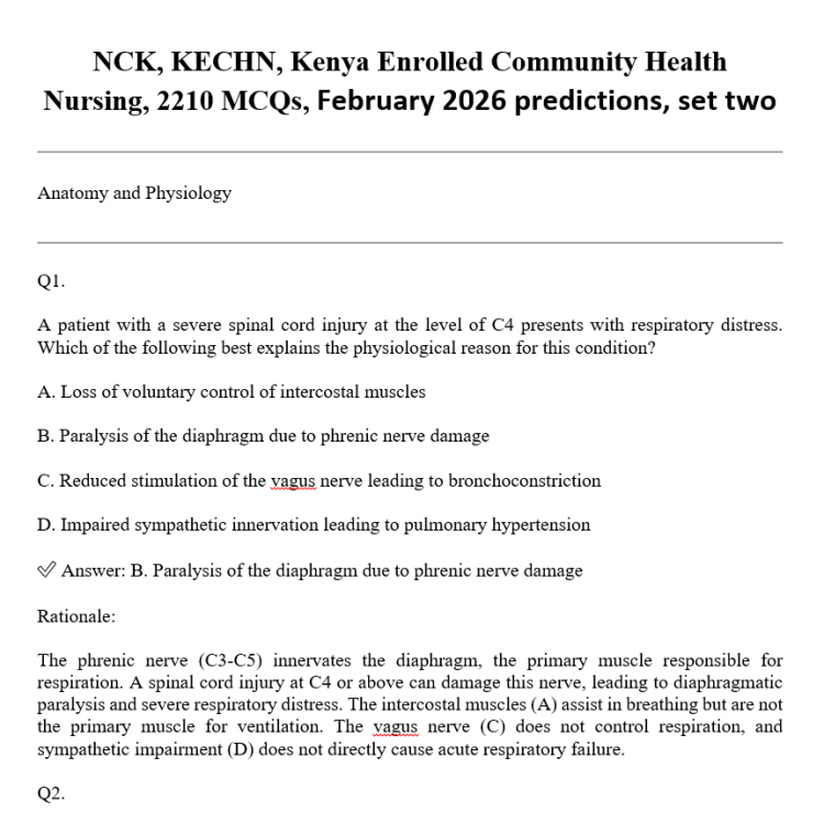 NCK, KECHN, Kenya Enrolled Community Health Nursing, 2210 MCQs, February 2026 predictions, set two
