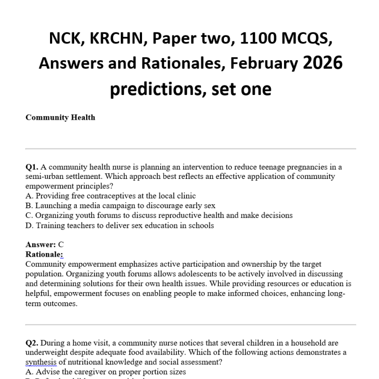 NCK, KRCHN, Paper two, 1100 MCQS, Answers and Rationales, February 2026 predictions, set one