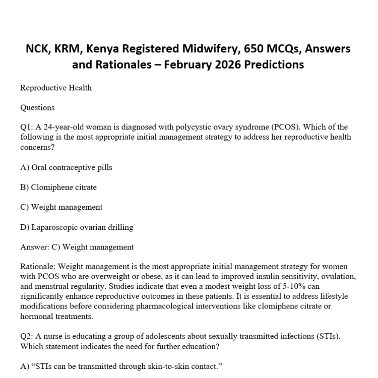 NCK, KRM, Kenya Registered Midwifery, 650 MCQs, Answers and Rationales – February 2026 Predictions