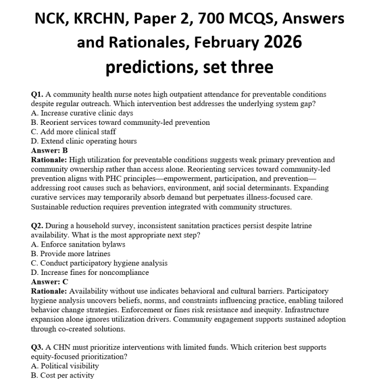 NCK, KRCHN, Paper 2, 700 MCQS, Answers and Rationales, February 2026 predictions, set three
