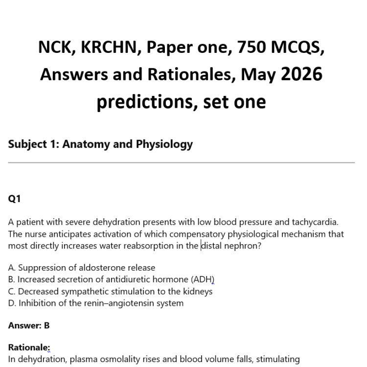 NCK, KRCHN, Paper one, 750 MCQS, Answers and Rationales, May 2026 predictions, set one