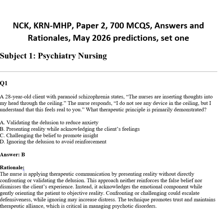 NCK, KRN-MHP, Paper 2, 700 MCQS, Answers and Rationales, May 2026 predictions, set one