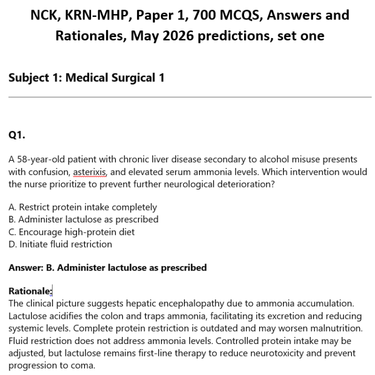 NCK, KRN-MHP, Paper 1, 700 MCQS, Answers and Rationales, May 2026 predictions, set one