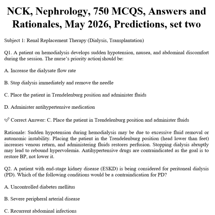 NCK, Nephrology, 750 MCQS, Answers and Rationales, May 2026, Predictions, set two