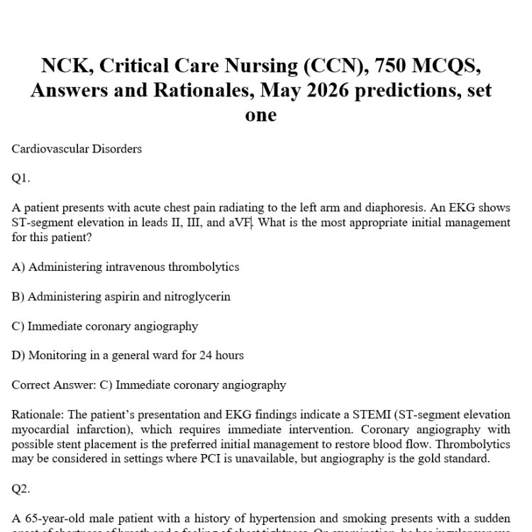 NCK, Critical Care Nursing (CCN), 750 MCQS, Answers and Rationales, May 2026 predictions, set one