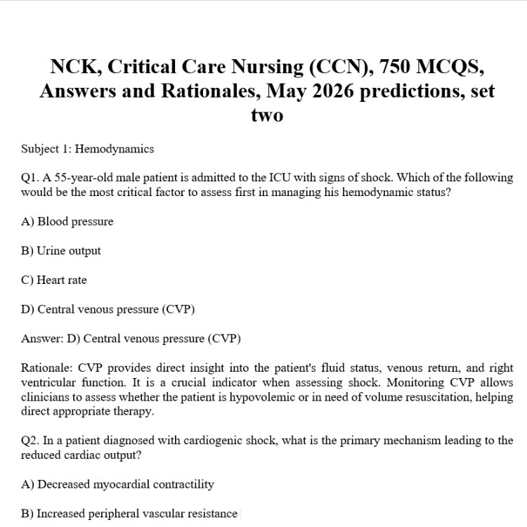 NCK, Critical Care Nursing (CCN), 750 MCQS, Answers and Rationales, May 2026 predictions, set two