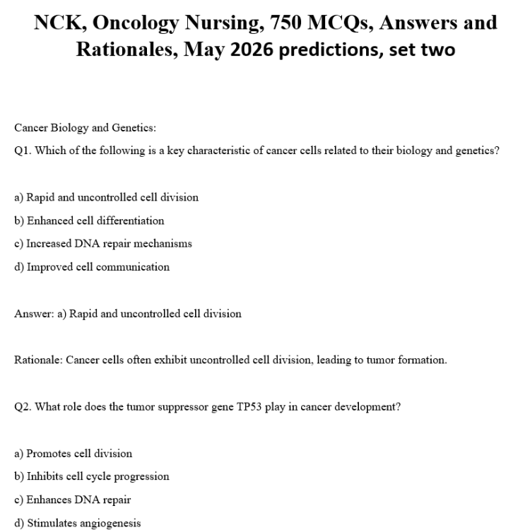 NCK, Oncology Nursing, 750 MCQs, Answers and Rationales, May 2026 predictions, set two