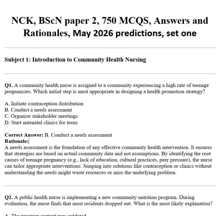 NCK, BScN paper 2, 750 MCQS, Answers and Rationales, May 2026 predictions, set one