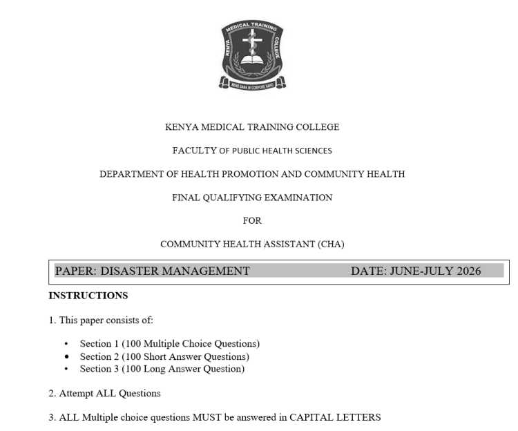 Disaster management, FQE, Community Health Assistant, 100 MCQS, 100 ...
