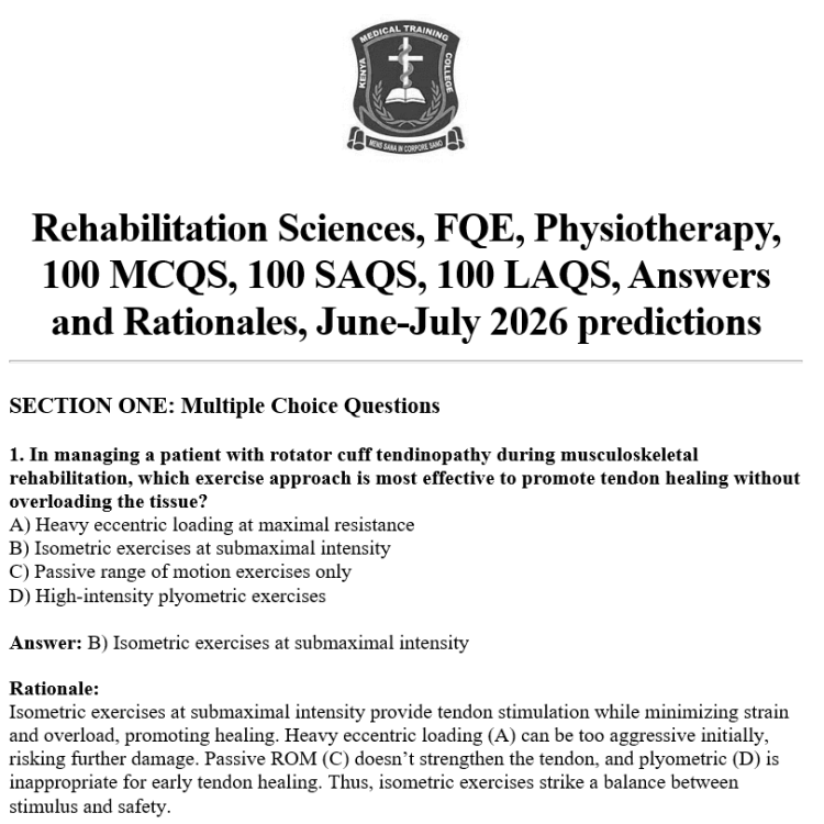 Rehabilitation Sciences, FQE, Physiotherapy, 100 MCQS, 100 SAQS, 100 LAQS, Answers and Rationales, June-July 2026 predictions