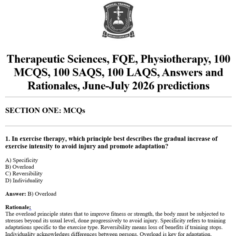 Therapeutic Sciences, FQE, Physiotherapy, 100 MCQS, 100 SAQS, 100 LAQS, Answers and Rationales, June-July 2026 predictions