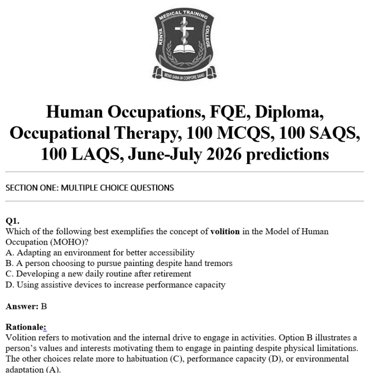 Human Occupations, FQE, Diploma, Occupational Therapy, 100 MCQS, 100 SAQS, 100 LAQS, June-July 2026 predictions