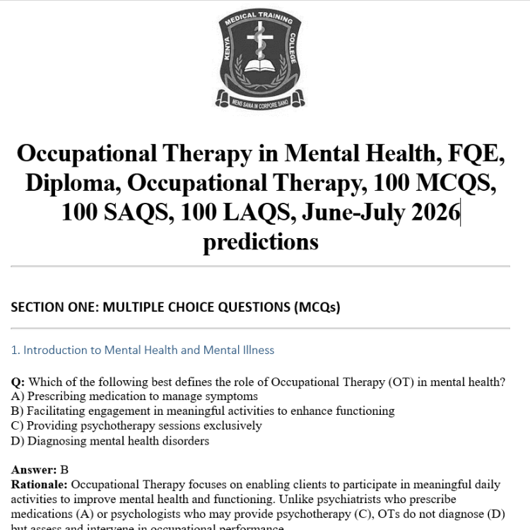 Occupational Therapy in Mental Health, FQE, Diploma, Occupational Therapy, 100 MCQS, 100 SAQS, 100 LAQS, June-July 2026 predictions