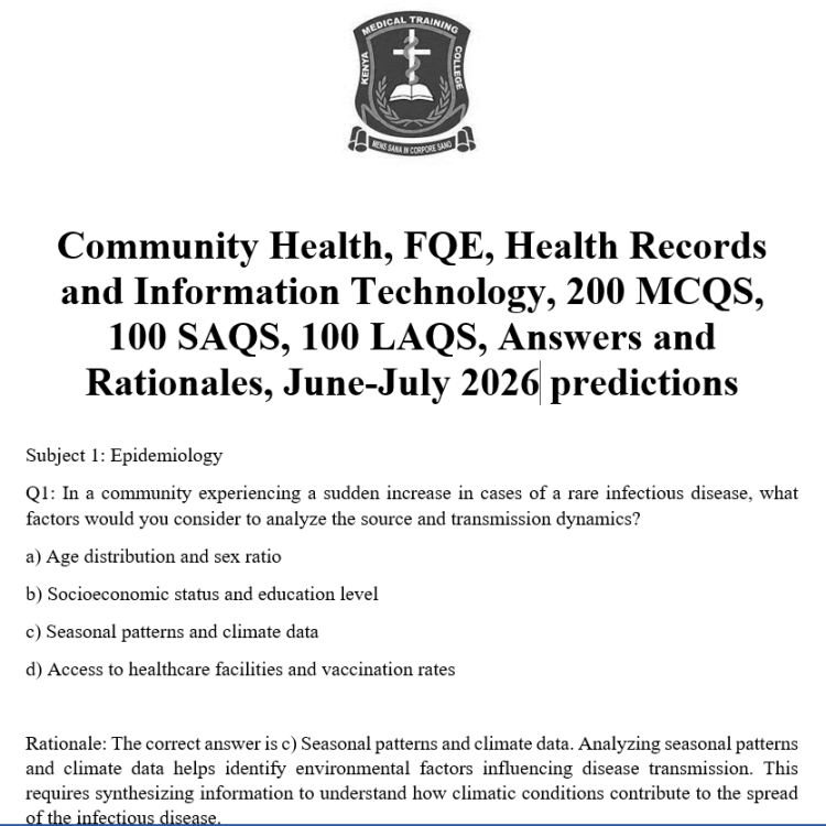 Community Health, FQE, Health Records and Information Technology, 200 MCQS, 100 SAQS, 100 LAQS, Answers and Rationales, June-July 2026 predictions