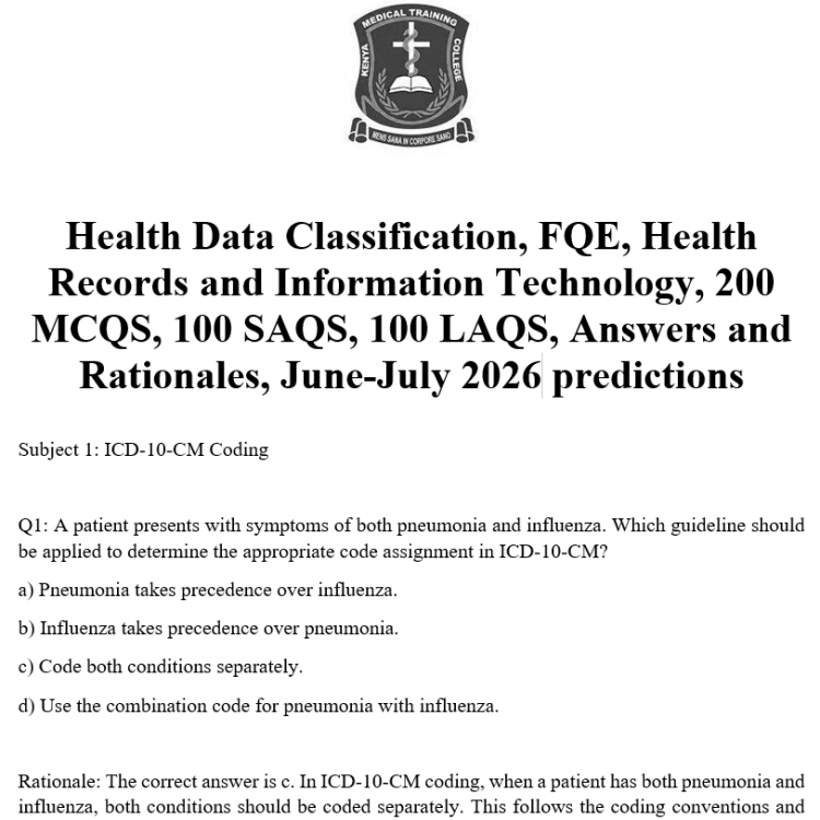 Health Data Classification, FQE, Health Records and Information Technology, 200 MCQS, 100 SAQS, 100 LAQS, Answers and Rationales, June-July 2026 predictions