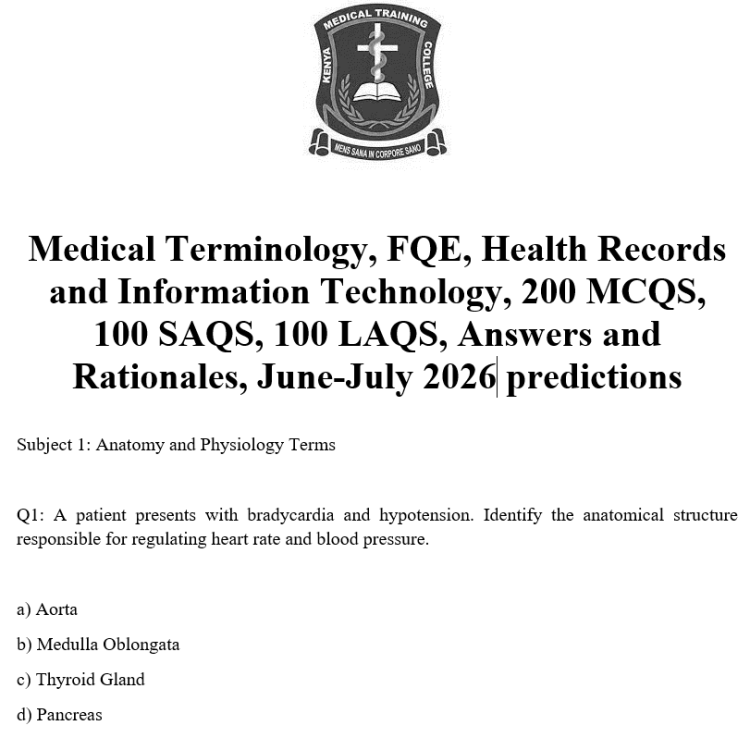 Medical Terminology, FQE, Health Records and Information Technology, 200 MCQS, 100 SAQS, 100 LAQS, Answers and Rationales, June-July 2026 predictions