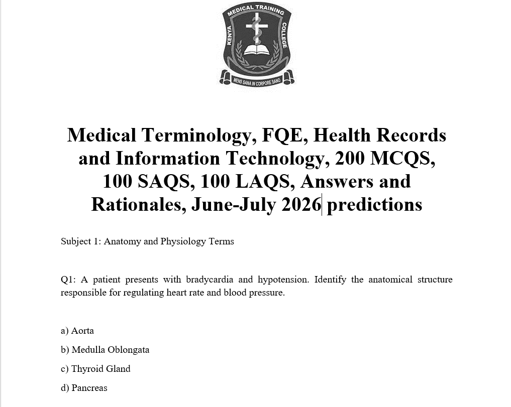 Medical Terminology, FQE, Health Records and Information Technology, 200 MCQS, 100 SAQS, 100 LAQS, Answers and Rationales, June-July 2026 predictions