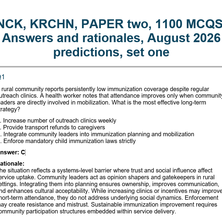 NCK, KRCHN, PAPER two, 1100 MCQS, Answers and rationales, August 2026 predictions, set one