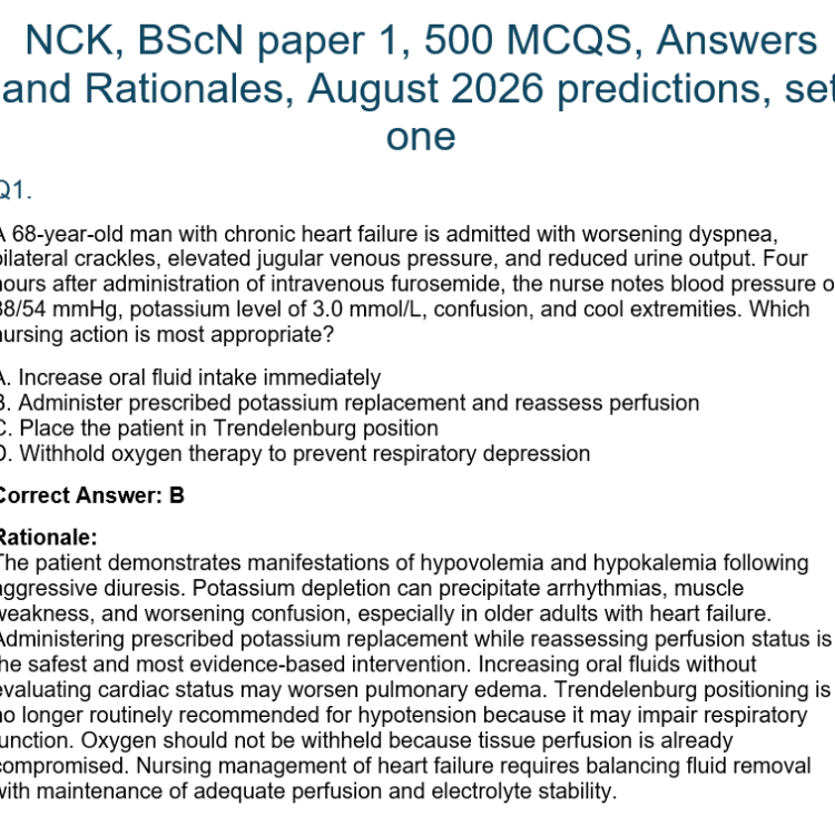 NCK, BScN paper 1, 500 MCQS, Answers and Rationales, August 2026 predictions, set one