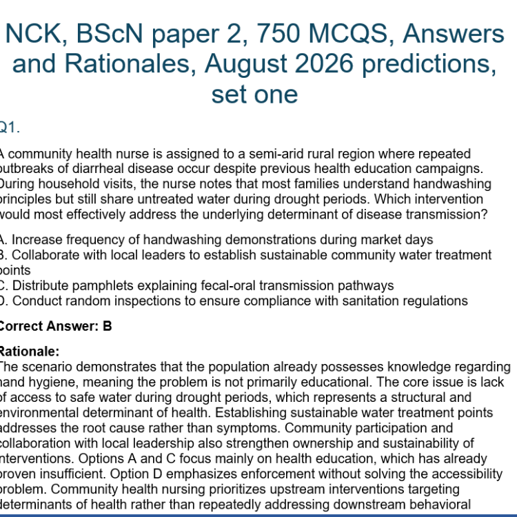 NCK, BScN paper 2, 750 MCQS, Answers and Rationales, August 2026 predictions, set one