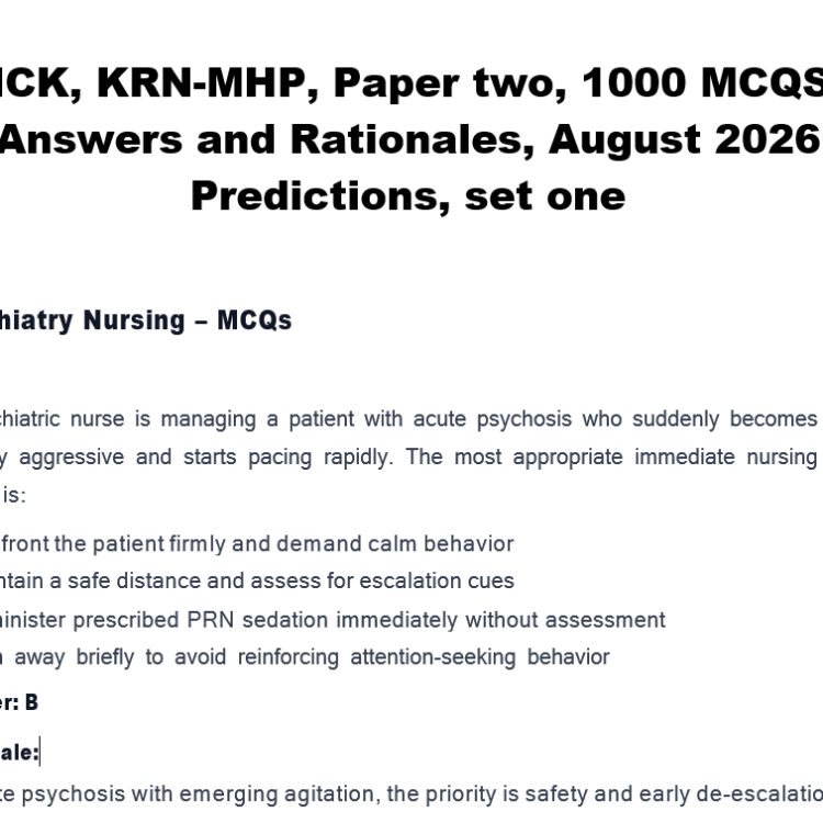 NCK, KRN-MHP, Paper two, 1000 MCQS, Answers and Rationales, August 2026 Predictions, set one