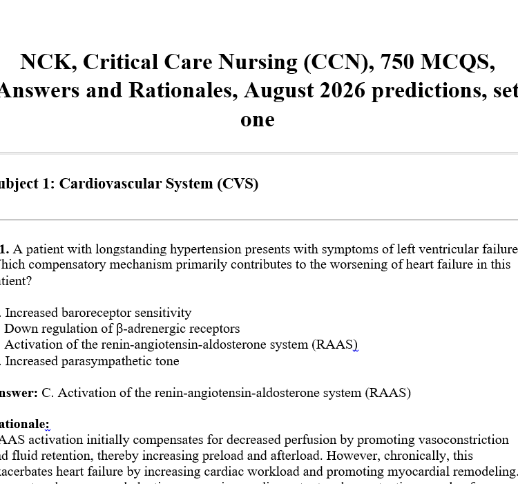 NCK, Critical Care Nursing (CCN), 750 MCQS, Answers and Rationales, August 2026 predictions, set one