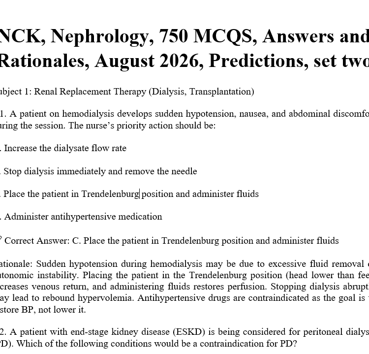 NCK, Nephrology, 750 MCQS, Answers and Rationales, August 2026, Predictions, set two